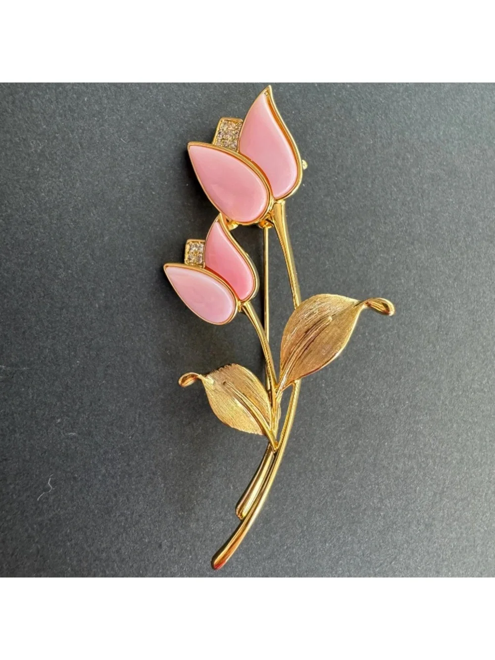 Pink Tulip Brooch Gold Tone Floral Pin Brushed Metal Leaves Romantic Gift